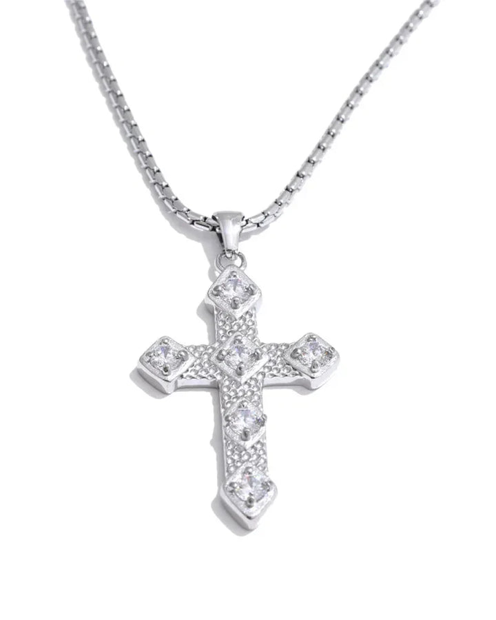Textured Cross Necklace with Inset Zircons (Gold Plated)