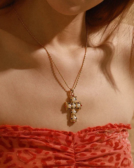 Ornamental Cross Necklace with Colored Gemstones and Pearls (Gold Plated)