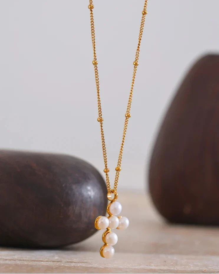 Pearl Cross Necklace (Gold Plated)