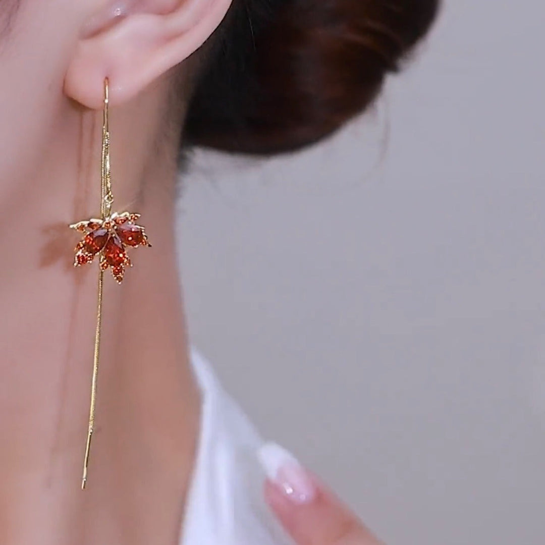 Shiny Crystal Maple Tassel Earrings