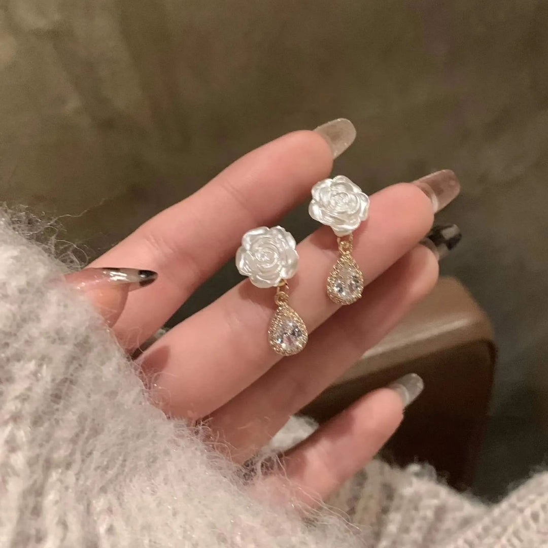 White Camellia Diamond Earrings