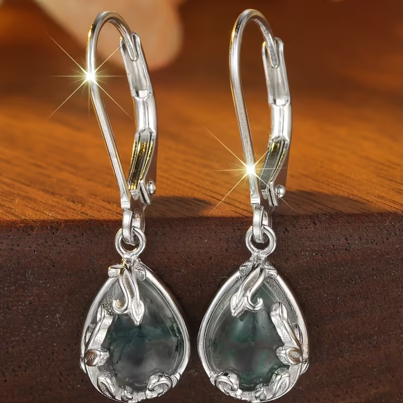 Moss Agate Rounded Drop Earrings