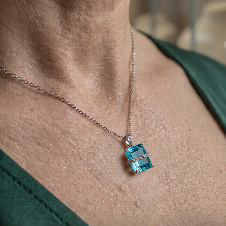 Square Aquamarine Gem Necklace | Silver