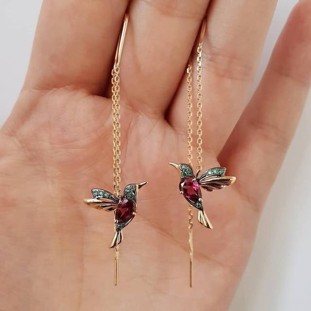 Earrings with Hummingbird Enamel and Zirconia