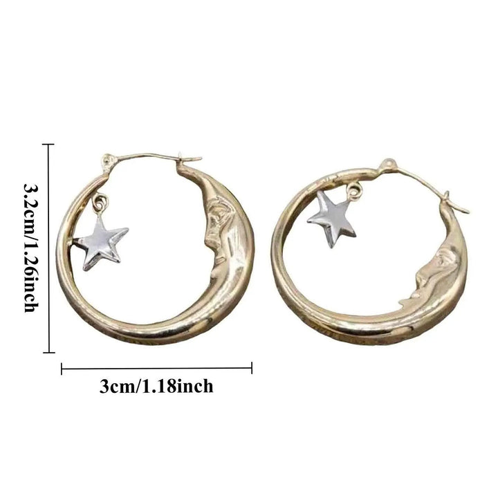 Retro Moon Face Star Hoop Earrings